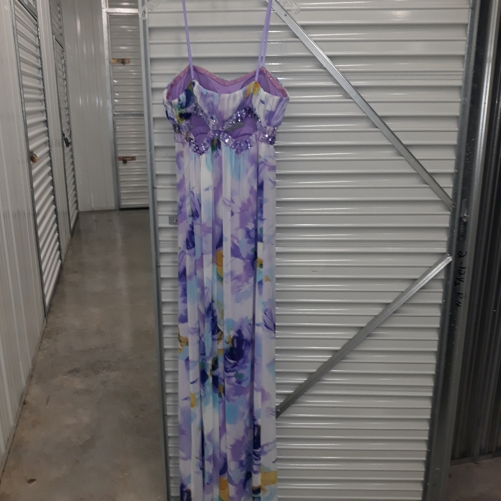 Evening Gown, Purple with multiple colors, spaghetti straps, size 8